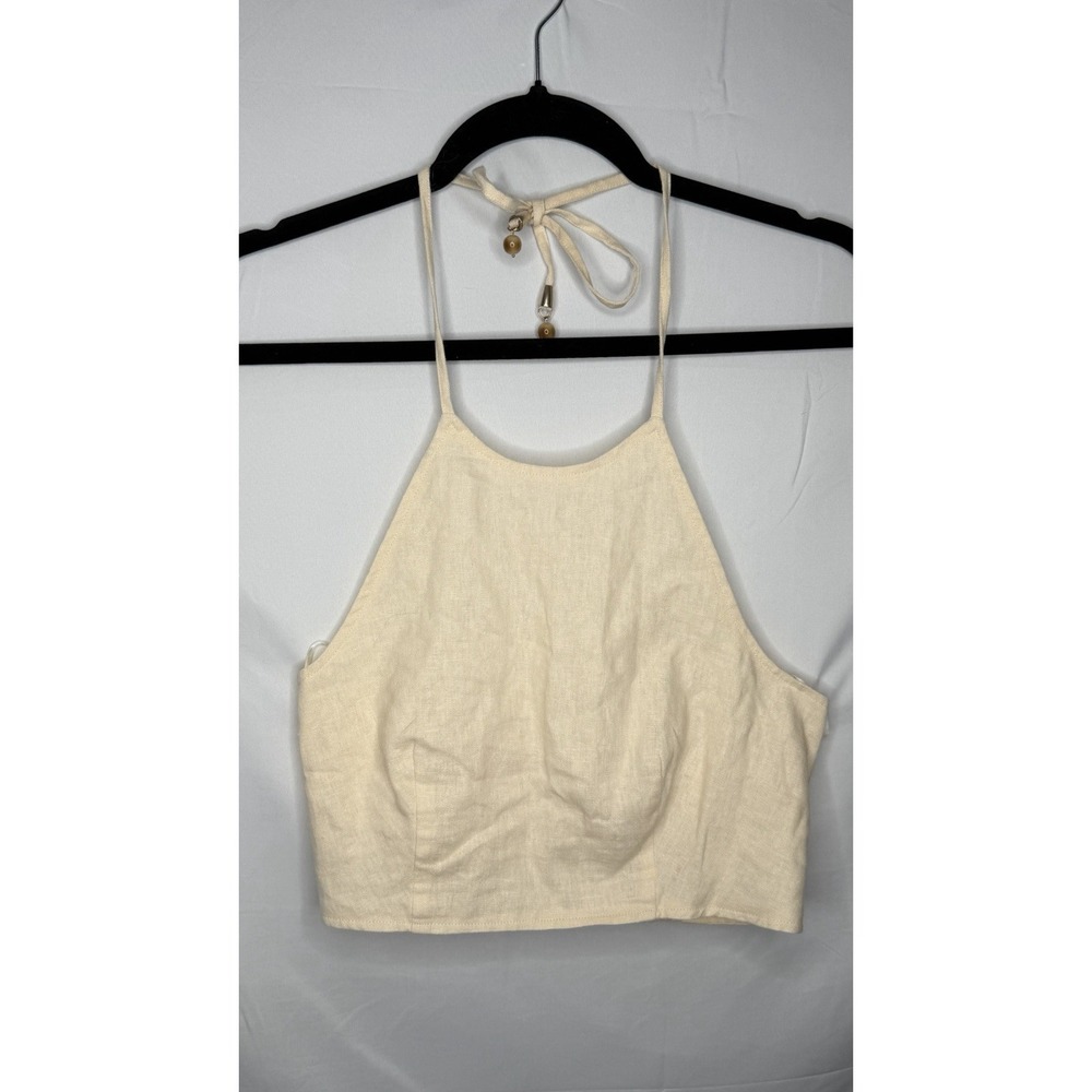 House of Harlow 1960 Cream Linen Halter Crop Top Smocked Womens XS Tie Back